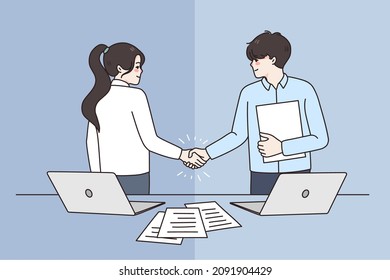 Happy businesspeople shake hands get acquainted greet at office meeting. Smiling diverse business partners handshake close deal make agreement after negotiation. Partnership. Vector illustration. 