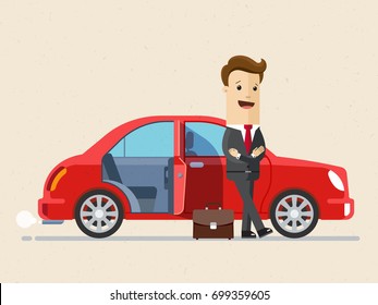 Happy businesstand next to new red car.  Business and finance concept. Vector, Illustration, Flat