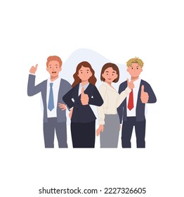 Happy Businessteam recommend good quality course or work. Employment concept.Smiling people showing thumbs up. Vector illustration.