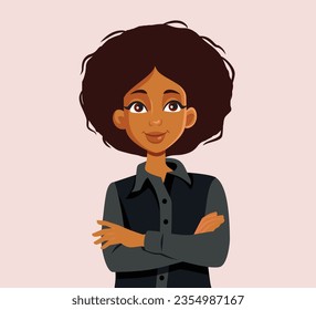 
Happy Businesswoman of African Ethnicity Vector Cartoon Avatar. Cheerful character of black ethnicity working a white color job 
