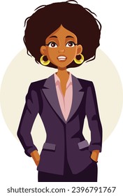 
Happy Businesswoman with Afro Hairstyle in Elegant Suit Vector Character. Confident worker feeling empowered in leadership position
