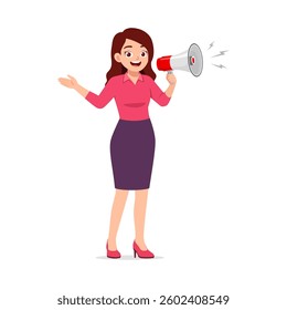 Happy Businesswoman Announcing with Megaphone, Smiling and Gesturing, Wearing Skirt Suit