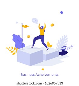 Happy businesswoman ascending stairs and celebrating financial success. Concept of business achievement, achieved goal, successful entrepreneur. Modern flat colorful vector illustration for banner.