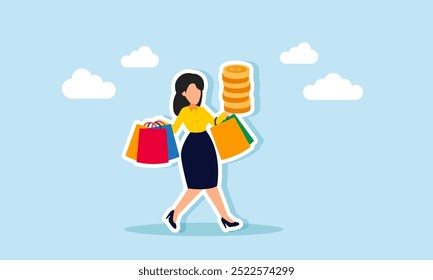 A happy businesswoman carrying a shopping bag and a stack of coins walking casually, an illustration of a hedonistic lifestyle or spending company assets for personal needs.