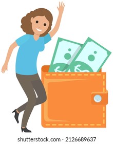 Happy businesswoman with cash, money, banknotes. Lady dancing near wallet with currency bills. Positive woman rejoices at wealth and business success. Female character in dance next to finance