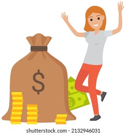 Happy businesswoman with cash, money, banknotes. Lady dancing near currency bag of gold coins. Positive woman rejoices at wealth and business success. Female character in dance next to finance