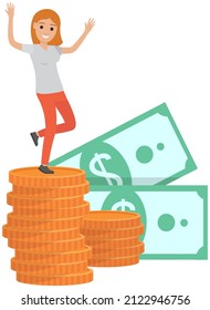 Happy businesswoman with cash, money. Lady dancing near currency, pennies. Positive woman rejoices at wealth and business success. Female character in dance next to finance, stack of gold coins