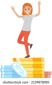 Happy businesswoman with cash, money. Lady dancing near currency, pennies. Positive woman rejoices at wealth and business success. Female character in dance next to finance, stack of gold coins