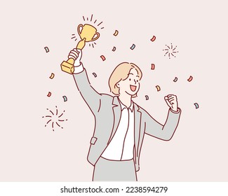 Happy businesswoman celebrate victory. Cup winner. Inspiration and motivation. Hand drawn style vector design illustrations.