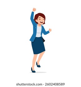 Happy Businesswoman Celebrating Success with Arm Raised and Smiling Expression in Isolated Studio