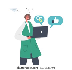 Happy Businesswoman Character Holding Laptop with Cogwheels, Thumb Up and Paper Airplane Icons Around. Brand Building Business Process, Corporate Identity Concept. Cartoon People Vector Illustration