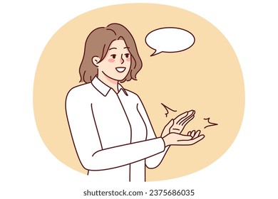 Happy businesswoman clap hands show appreciation and gratitude. Smiling woman applaud demonstrate acknowledgement. Vector illustration.