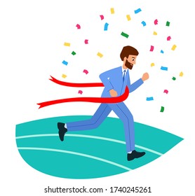 Happy businesswoman crossing the finish line. The concept of business victory. Business competition, a race for success. vector illustration in modern flat style.