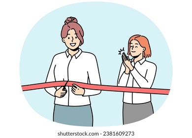 Happy businesswoman cuts red ribbon with scissors accompanied by applause. Opening ceremony of restaurant, shop, company. Tradition of starting important event. Vector outline colorful illustration.