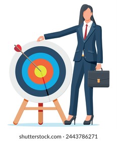 Mujer de negocios feliz y objetivo de dardo. Fijación de objetivos. Mujer de negocios con maletín. Gol inteligente. Concepto de objetivo de negocio. Logro y éxito. Ilustración vectorial en estilo plano