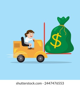 Happy businesswoman driving a forklift sack of money. Truck with Money. Flat, Poster, Vector, Illustration, Cartoon, EPS10. 