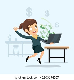 Happy businesswoman earns money from laptop computer, Make money online,illustrator vector cartoon drawing image painting