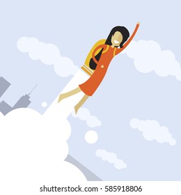 Happy businesswoman flying on jetpacks to his goal. Flying above the city. Successful people in business suit. 