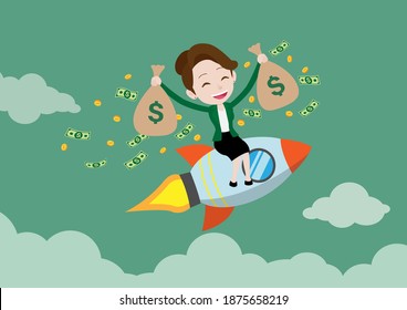 Happy businesswoman flying on rocket and holding dollar money bags, Cartoon vector illustration