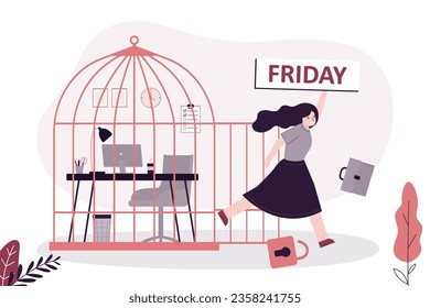 Happy businesswoman with Friday sign run away from job cage. Work week ending. Happy friday, relax or enjoy last working day and embrace weekend, joyful lifestyle after stressful week long. vector