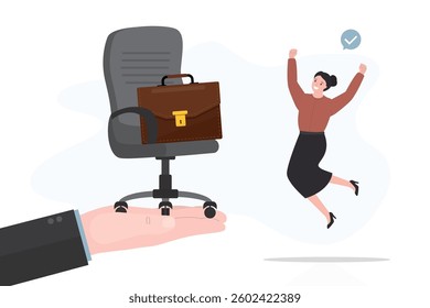 Happy businesswoman gets a job offer. Happy caucasian woman jumping near giant hand with office chair and briefcase. Job offer. Recruitment process, hiring, employment. flat vector illustration