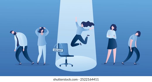 Happy businesswoman or girl office worker in jump, recruitment winner. Various unhappy business characters, candidates or applicants. Business office chair with placard - vacant. Vector illustration