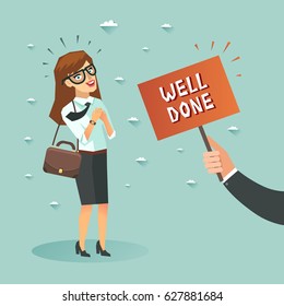 Happy businesswoman got "Well done" from boss. Happy client concept. Vector colorful illustration in flat style