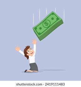 Happy businesswoman have a big money. Lucky man. Big money. Flat, Vector, Illustration, Cartoon, EPS10.