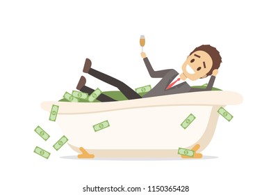 Happy businesswoman holding champagne and having a bath full of money. Idea of success and wealth. Isolated flat vector illustration