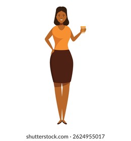 Happy businesswoman holding a coffee cup in her hand, full body portrait