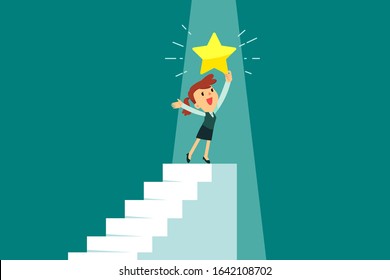 Happy businesswoman holding gold star on top of staircase. Ambition and success business concept.