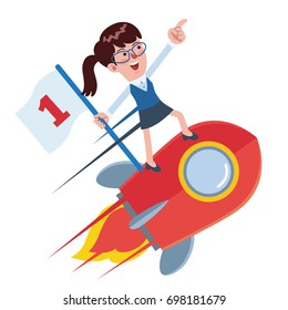  Happy businesswoman holding number one flag standing on rocket ship flying through starry sky. Successful Start up business concept. Great for presentation.