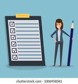 Happy businesswoman holding pen or pencil, looking at checklist on clipboard. To-do list and planning project with office supplies. Flat icon modern design style illustration. Business concept.