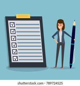 Happy businesswoman holding pen or pencil, looking at checklist on clipboard. To-do list and planning project with office supplies. Flat icon modern design style illustration. Business concept.