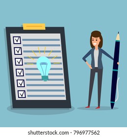 Happy businesswoman holding pen or pencil, looking at checklist with idea bulb on clipboard. To-do list and planning project with office supplies. Flat design illustration. Business concept.