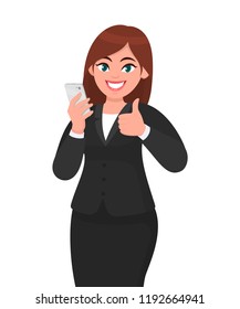 Happy businesswoman holding smartphone and gesture thumbs up sign. Social network, mobile app, technology concept illustration in vector cartoon style. 