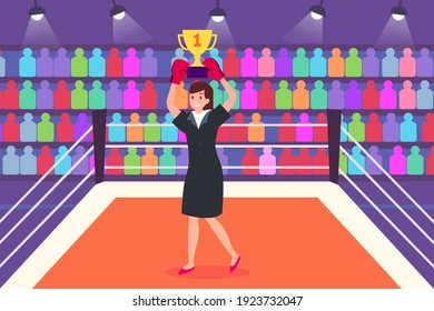Happy businesswoman holding a trophy after winning the competition on the boxing ring. Business competition vector concept