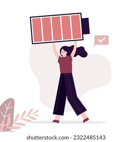 Happy businesswoman holds battery with full level. Successful and strong female employee, stress resistance concept. Entrepreneur charged battery. Healthy and confident character. vector illustration