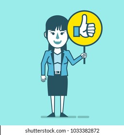 Happy businesswoman holds sign with thumb up icon. Social media marketing concept, rating, vote, praise. Simple style vector illustration