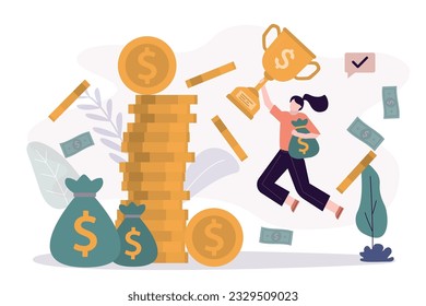 Happy businesswoman holds winner cup. Lucky winner won big prize or received bonus. Successful investor earned lot of money, profitable deal has enriched. Best worker award. Reward after competition.