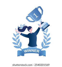 Empresaria feliz dentro de la corona de premio con la cinta. Concepto de resultados exitosos. Empleado o gerente que sostiene a los mejores trabajadores ganando el trofeo. Recompensa, premio, primer lugar. Ilustración vectorial plana