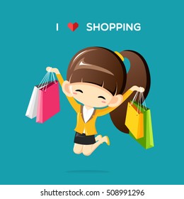 Happy businesswoman jumping in the air with shopping bag in her hands.I love shoppping concept-Vector Illustration