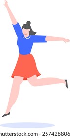 Happy businesswoman jumping with arms outstretched celebrating achieving a goal, expressing joy and excitement for reaching a target, winning or freedom