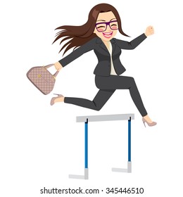 Happy businesswoman jumping hurdle successful concept overcoming difficulties in business