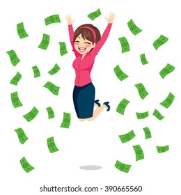 Happy businesswoman jumping surrounded by green money bills falling