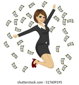 happy businesswoman jumping while dollar bills flying around her