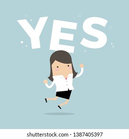 Happy Businesswoman jumping with the word "Yes".
