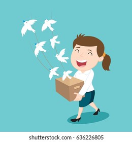 Happy businesswoman leaving job to be free like bird flying, vector illustration cartoon