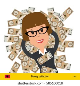 Happy businesswoman lying on the banknotes. Albanian lek banknote vector illustration.