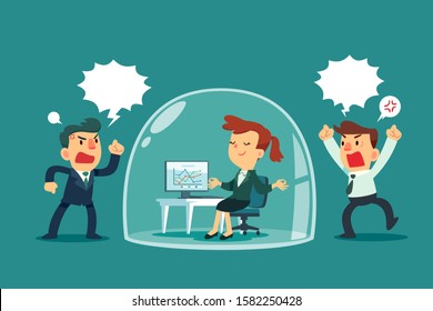 Happy businesswoman meditating and relaxing inside glass dome while others colleagues shouting outside. Stress management business concept.